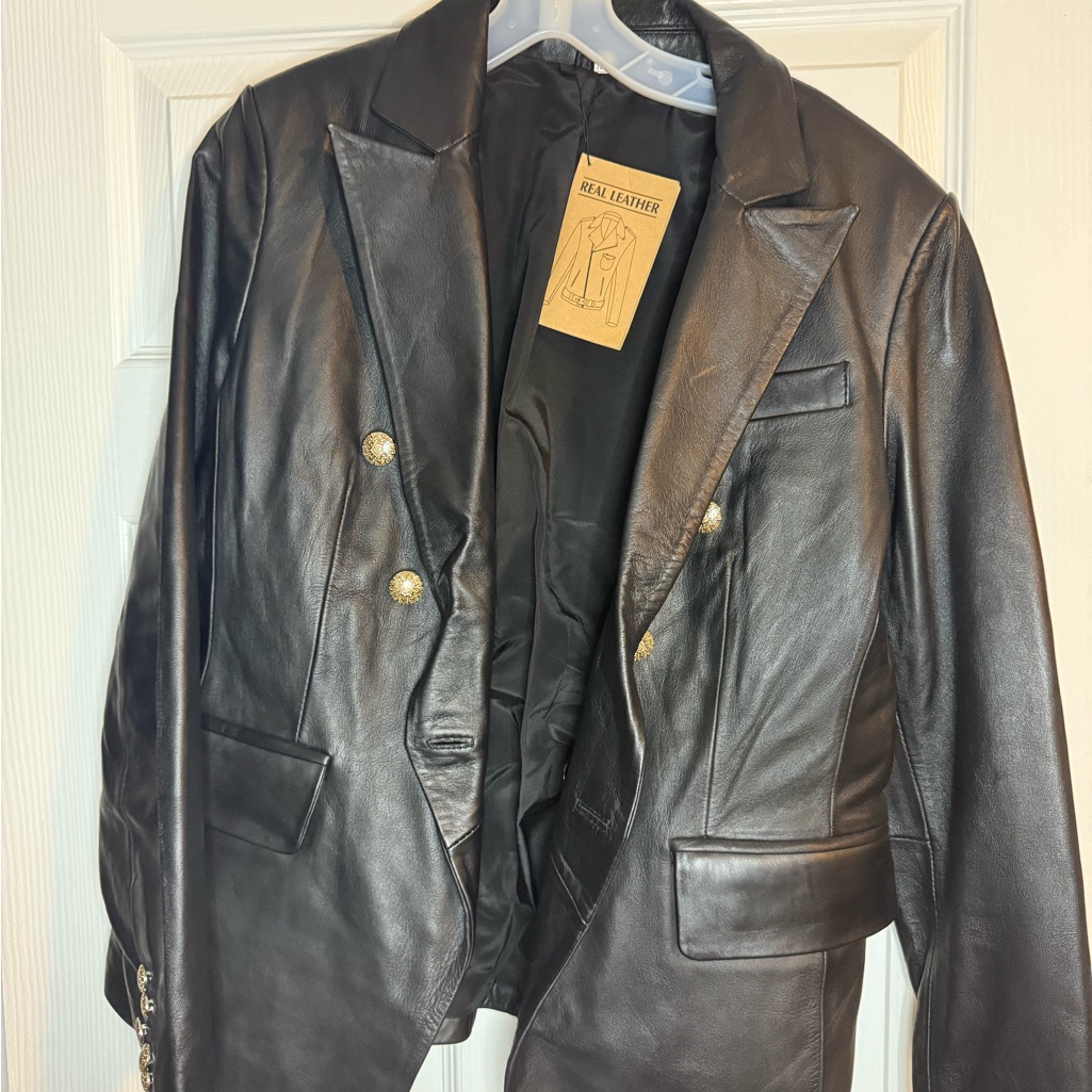 Black Leather Blazer With Gold Buttons